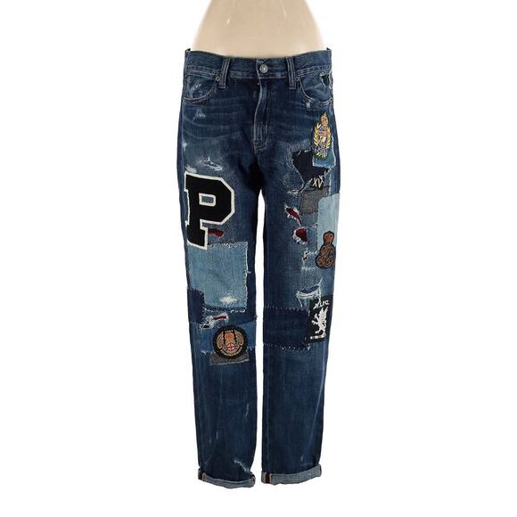 Ralph Lauren Astor Slim Boyfriend Jeans 26 Denim Distressed Patchwork Dungarees - Picture 6 of 8